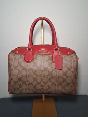 Coach Large Bennett Red And Signature Brown Satchel With Detachable Strap
